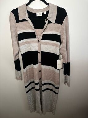Long Button-Front Ribbed Stripe Dress in Beige & Black